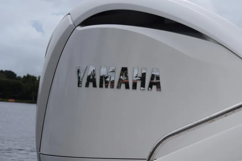 Slide: The Image of Close-up of Yamaha engine on 2022 Pursuit OS 355 Offshore boat. - 453