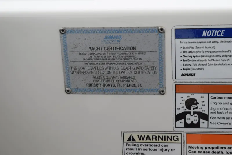 Slide: The Image of 2022 Pursuit OS 355 Offshore yacht certification and safety notices on display. - 291