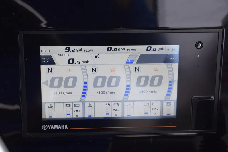 Slide: The Image of Yamaha display on 2022 Pursuit OS 355 Offshore showing speed, fuel, and engine data. - 283