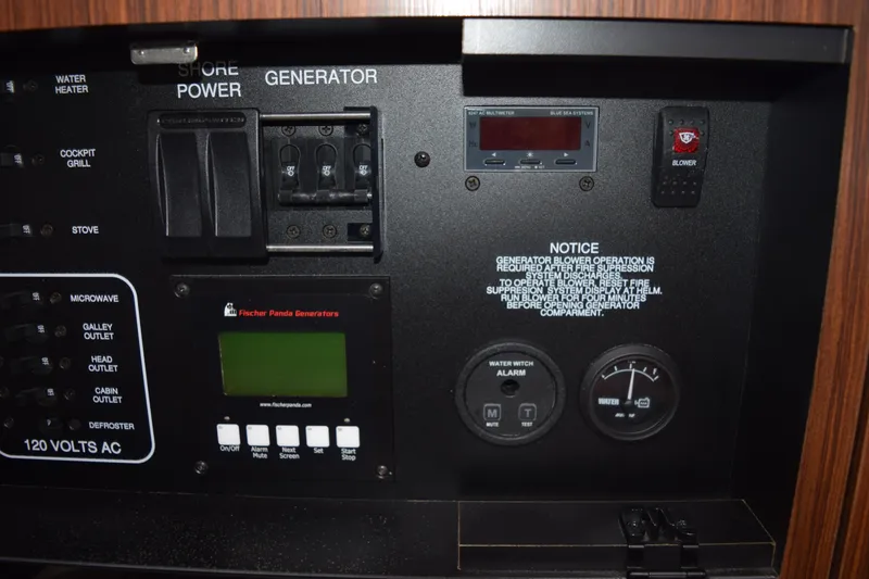 Slide: The Image of Control panel of 2022 Pursuit OS 355 Offshore boat with generator and power switches. - 413