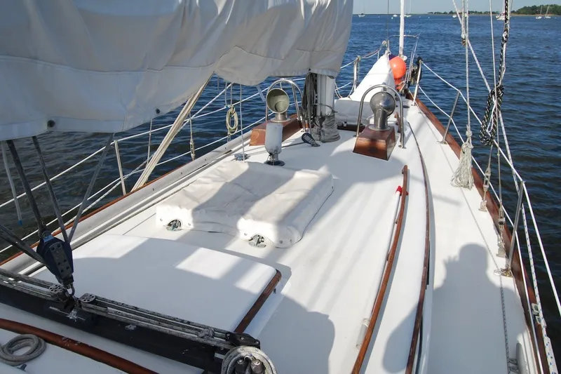 Slide: The Image of 1981 Bristol 40 Yawl sailboat deck with rigging and ocean view. - 32