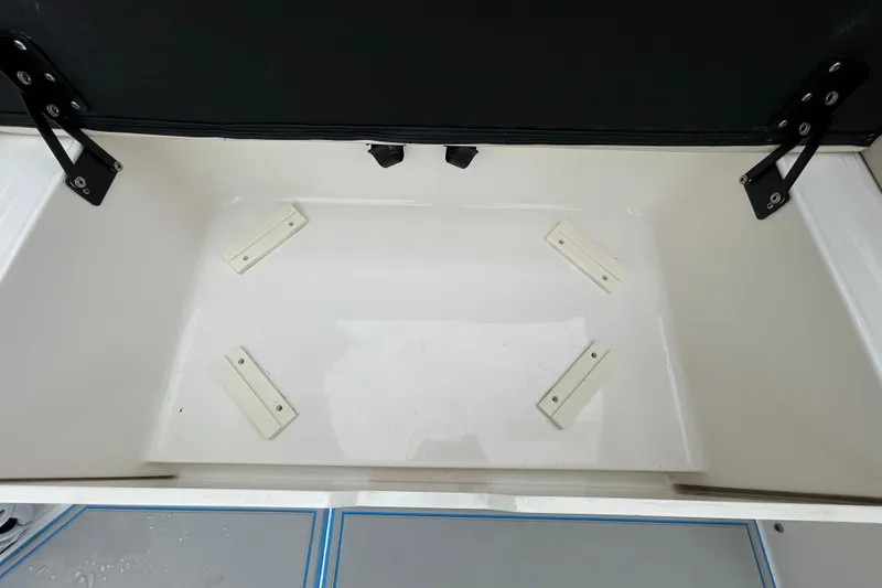 Slide: The Image of Open storage compartment in 2023 Regal 38 FXO boat, featuring sturdy hinges and clean interior. - 31