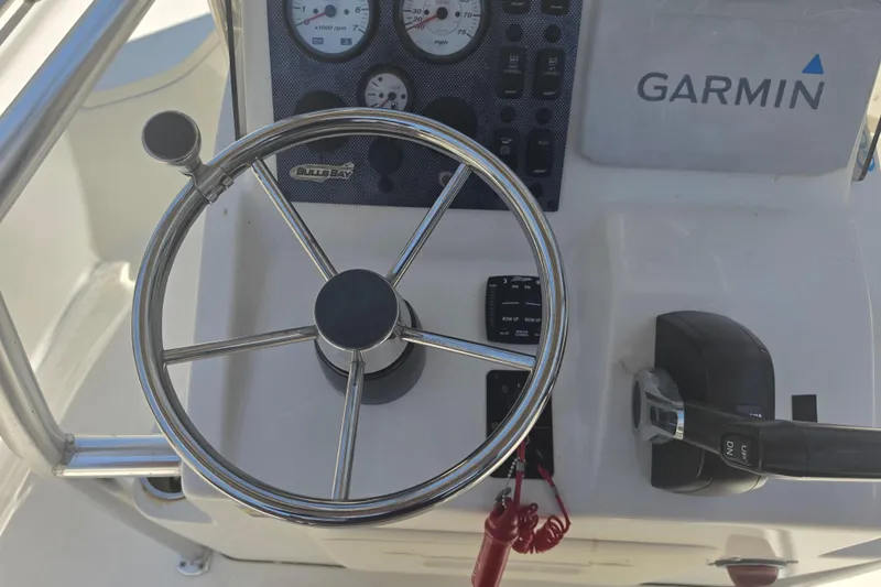 Slide: The Image of Steering console of 2021 Bulls Bay 2200 boat with Garmin navigation system. - 44