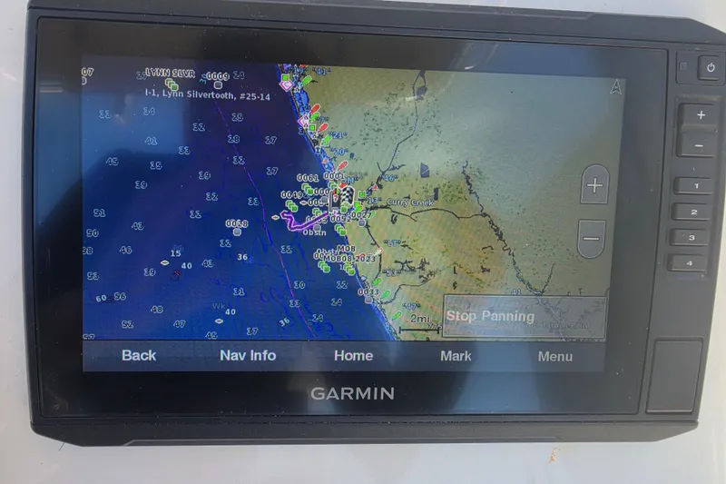 Slide: The Image of Garmin navigation display on a 2021 Bulls Bay 2200 boat, showing coastal map details. - 40