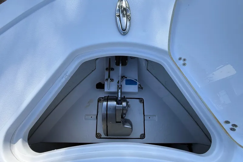 Slide: The Image of Close-up of an anchor locker on a Sportsman Heritage 241 Center Console boat. - 39