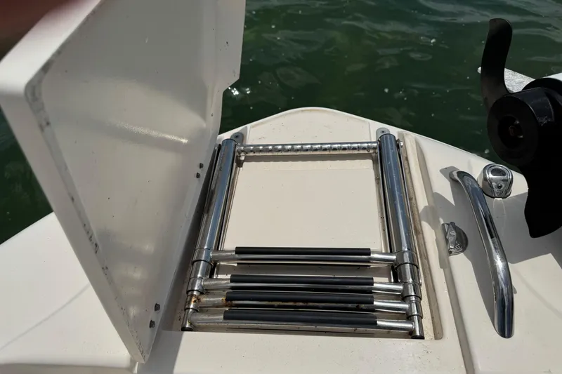 Slide: The Image of Foldable ladder on 2021 Grady-White 251 Coastal Explorer boat, near water. - 77