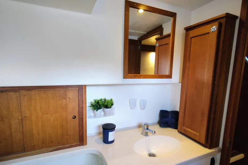 Slide: The Image of A sleek bathroom with wooden cabinets and a sink on a countertop. - 47