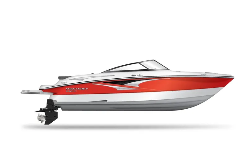 Slide: The Image of Manufacturer Provided Image: 2025 Monterey M-22 boat, sleek red and white design, side view. - 9