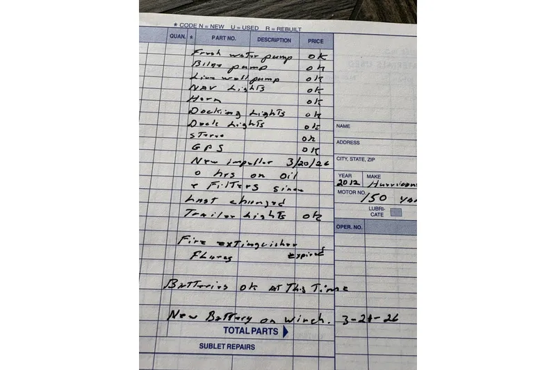 Slide: The Image of Maintenance checklist for 2012 Hurricane SunDeck 217 OB, including pumps, lights, and battery status. - 45