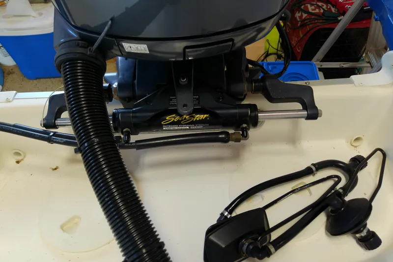 Slide: The Image of 2012 Hurricane SunDeck 217 OB hydraulic steering system close-up. - 36