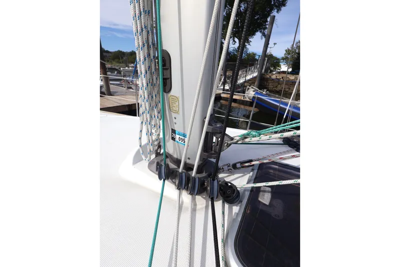 Slide: The Image of Close-up of rigging on a 2008 Jeanneau Sun Odyssey 36i sailboat at a marina. - 8