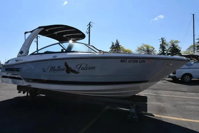 The Image of 2021 Monterey 278SS Super Sport boat named "The Maltese Falcon" on a trailer. - 0