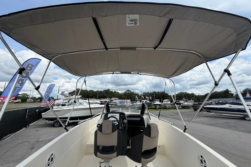 Slide: The Image of 2021 Parker Poland 690 Sport boat with canopy, displayed at a boat sale event. - 12