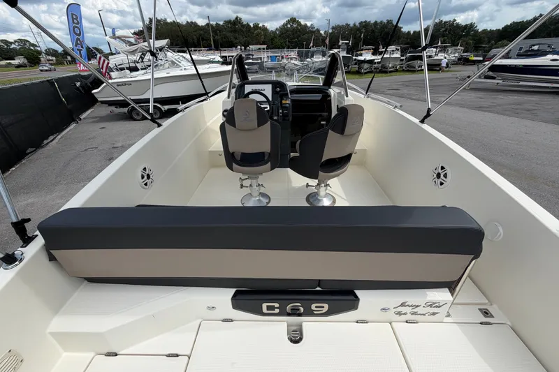 Slide: The Image of 2021 Parker Poland 690 Sport boat interior with dual seats and control panel. - 11