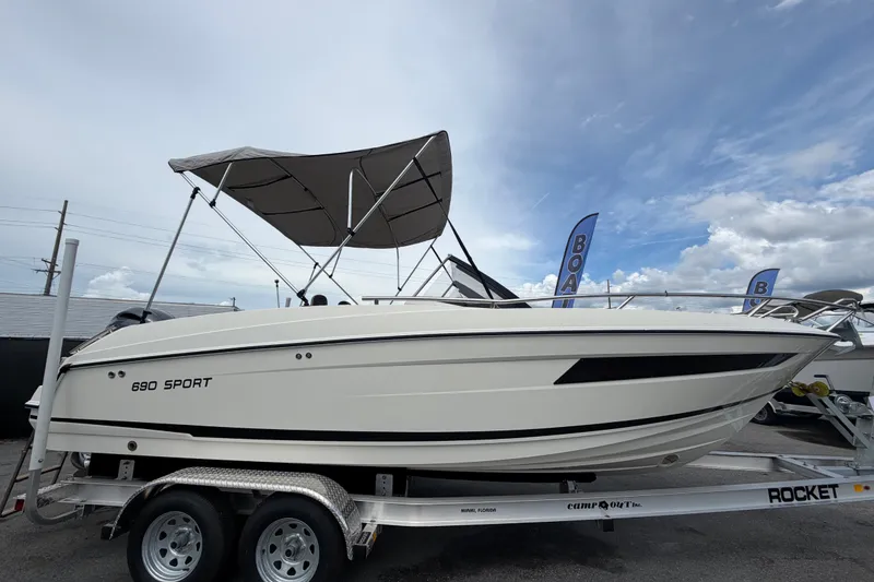 Slide: The Image of 2021 Parker Poland 690 Sport boat on trailer under cloudy sky. - 1