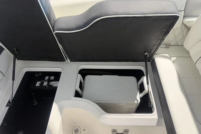 Slide: The Image of 2021 Regal LS2 boat storage compartment with cooler and battery access. - 23