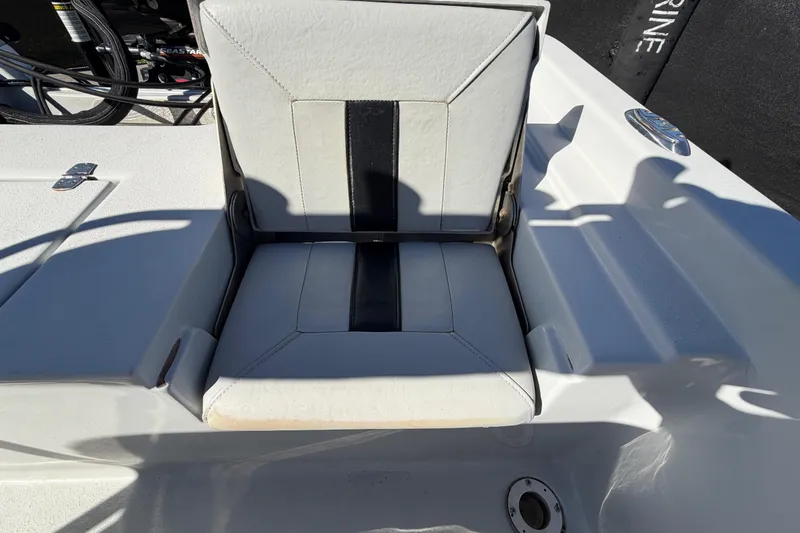 Slide: The Image of 2020 Blazer Bay 2200 Fisherman boat seat with white and black upholstery. - 61