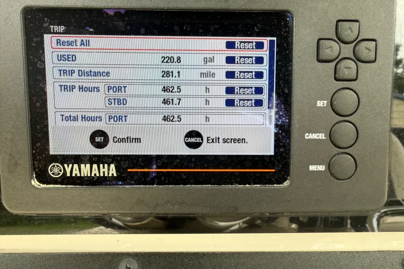 Slide: The Image of Yamaha display showing trip data for 2020 Cobia 301 Center Console boat. - 17