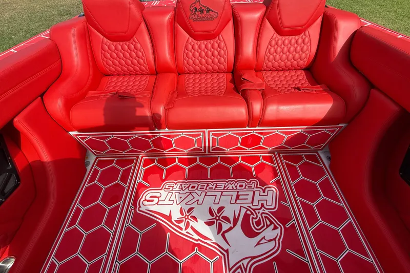 Slide: The Image of Red HellKats 30 boat interior with quilted seats and logo, 2020 model. - 42