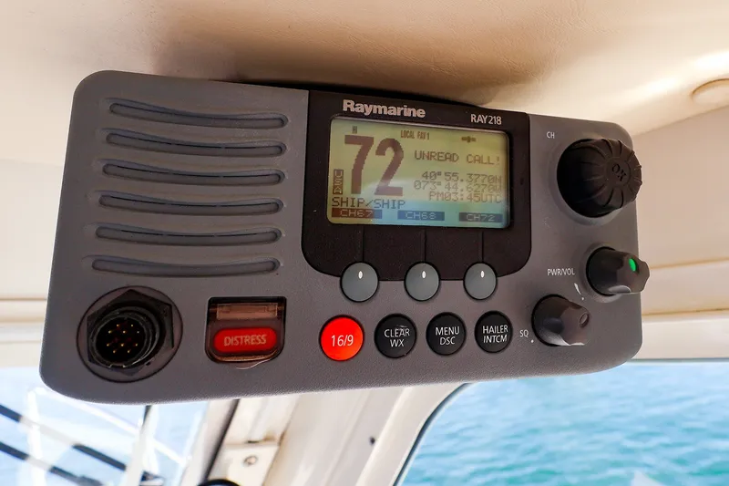 Slide: The Image of Raymarine RAY218 marine radio on 2017 MJM 40z Downeast boat, displaying channel 72. - 26