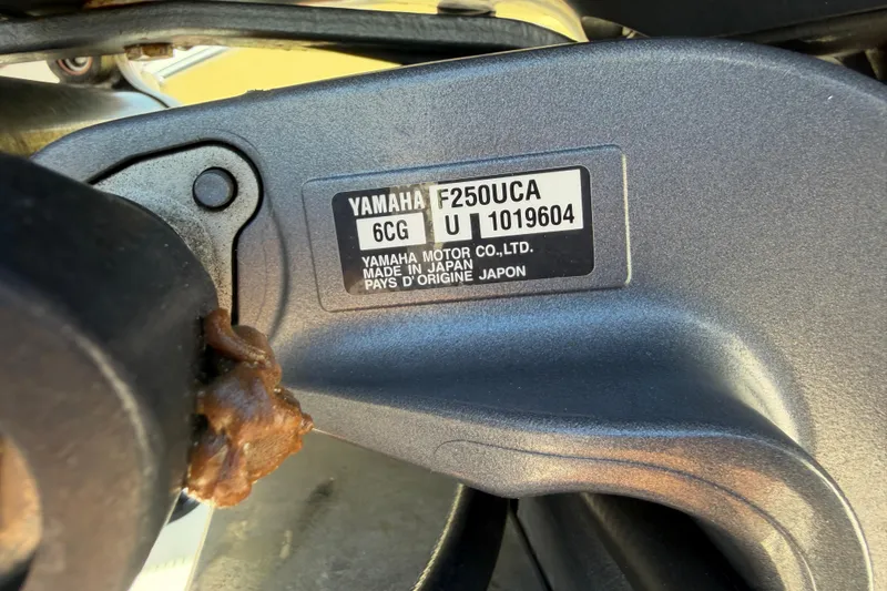 Slide: The Image of Yamaha F250UCA engine label on 2020 Scout 235 Dorado, made in Japan. - 35