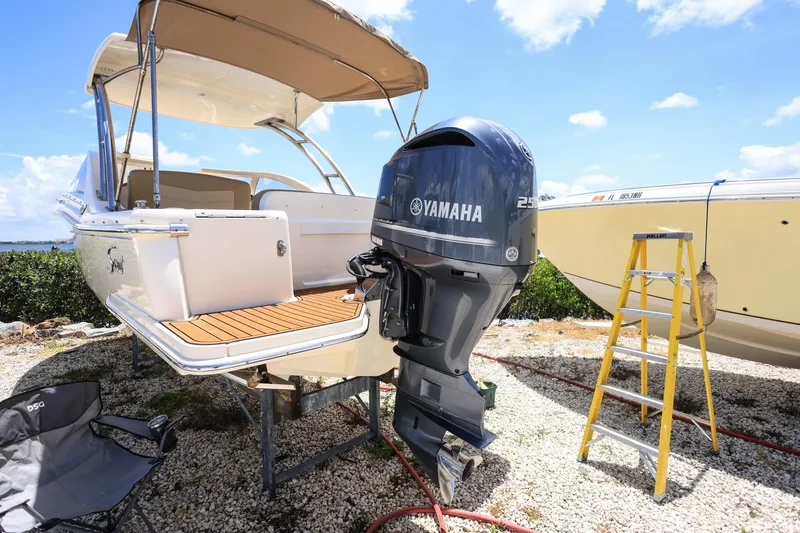 Slide: The Image of 2020 Scout 235 Dorado boat with Yamaha outboard motor on display outdoors. - 1