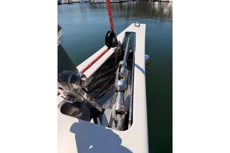 Slide: The Image of Close-up of Beneteau Oceanis Yacht 54 rigging detail, 2022 model, docked at marina. - 25