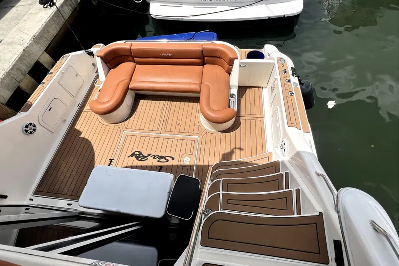 Slide: The Image of 1997 Sea Ray 450 Express Bridge with teak deck and leather seating. - 20