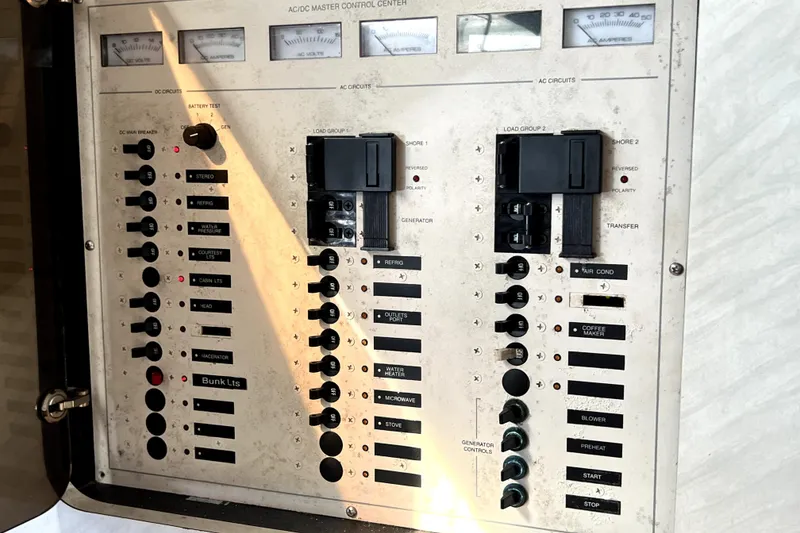Slide: The Image of 1996 Wellcraft 330 Coastal control panel with AC/DC circuits and switches. - 59