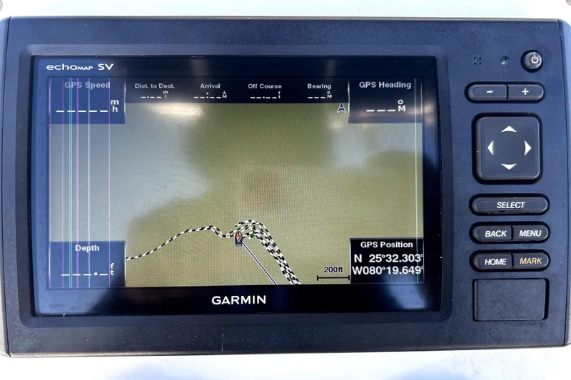 Slide: The Image of Garmin GPS display on 1993 Hydra-Sports Bay Bolt 1900, showing navigation data and coordinates. - 18