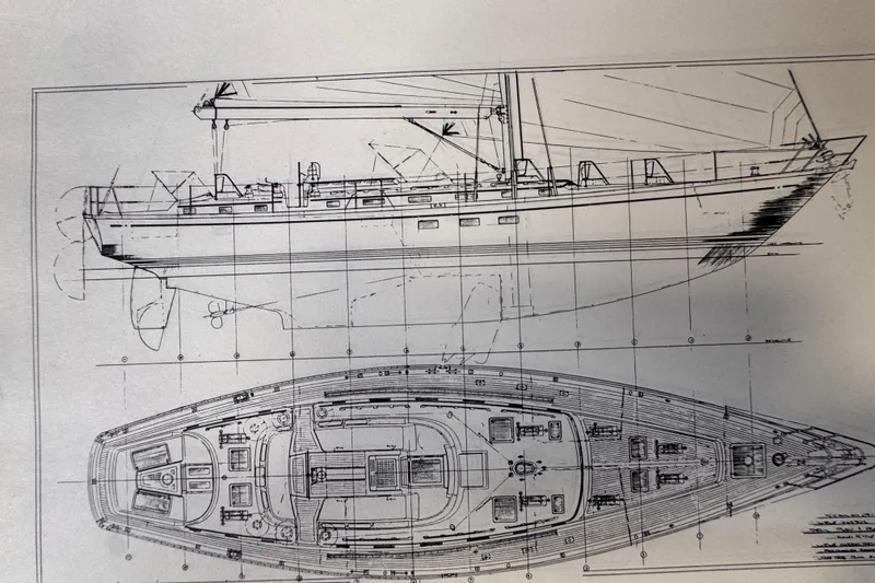 Slide: The Image of Blueprint of 1989 Little Harbor Sloop 58' sailboat, showcasing side and top views. - 54