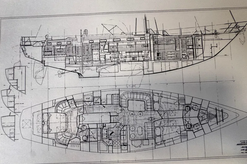 Slide: The Image of Blueprint of a 1989 Little Harbor Sloop 58' yacht, showcasing detailed interior layout. - 55