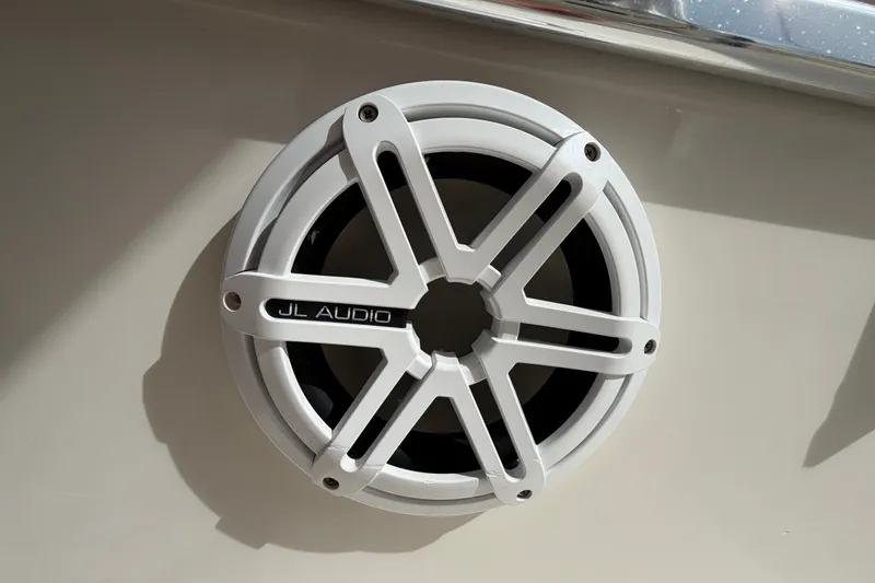 Slide: The Image of JL Audio speaker on 2014 Jupiter 34 FS boat, close-up view. - 31