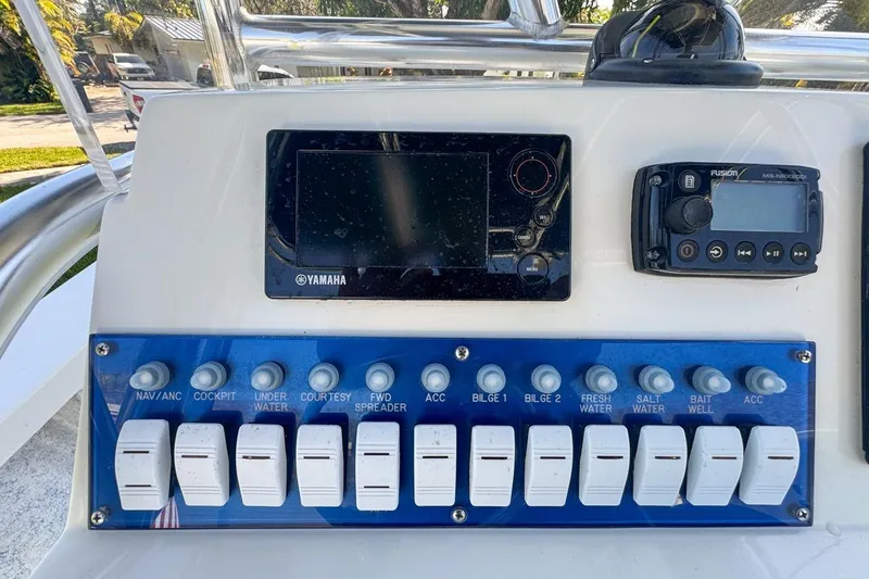 Slide: The Image of Control panel of a 1972 Cuda Craft Open Fisherman boat with Yamaha and Fusion electronics. - 27