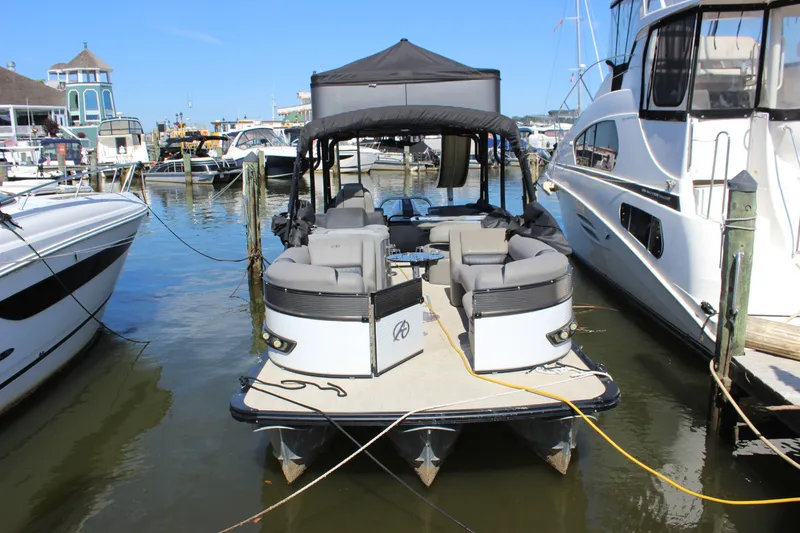 Slide: The Image of 2020 Avalon Catalina Platinum Cruise Funship pontoon boat docked at marina. - 22