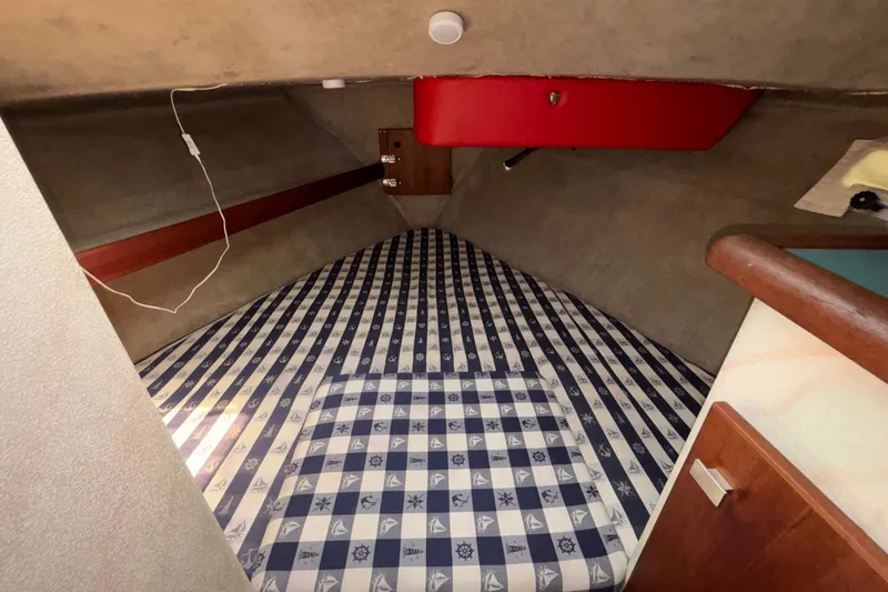 Slide: The Image of Interior cabin of 1989 Bayliner 3288 Motoryacht with nautical-themed bedding. - 16