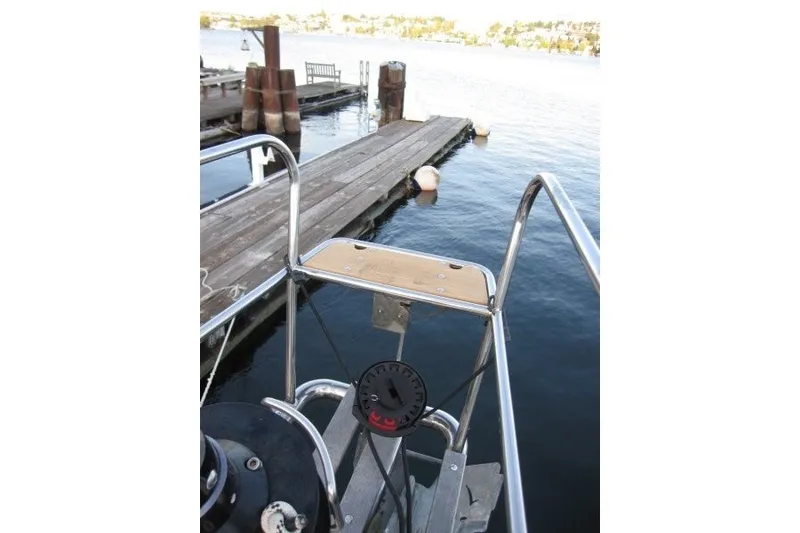 Slide: The Image of Nauticat 37 sailboat bow view at dock, 2002 model. - 33