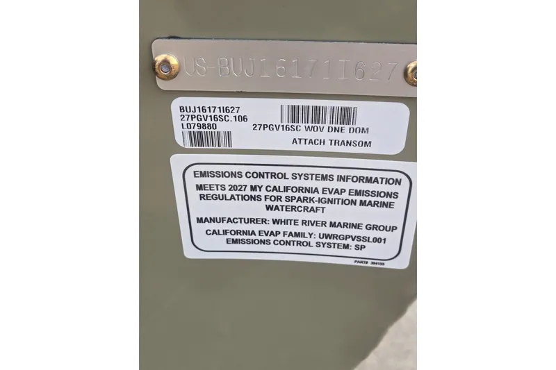 Slide: The Image of 2027 Tracker Pro Guide V-16 SC emissions control label with compliance details. - 20