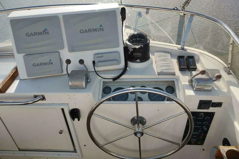 Slide: The Image of Helm of 1996 Grand Banks Eastbay 40 Flybridge with Garmin navigation equipment. - 19
