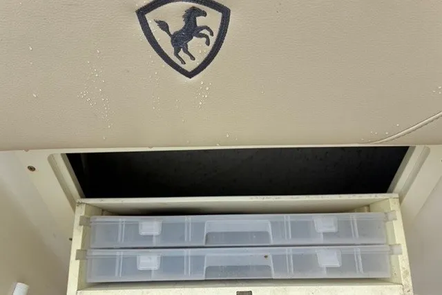 Slide: The Image of 2021 Century 24 Resorter storage compartment with horse emblem and plastic containers. - 56