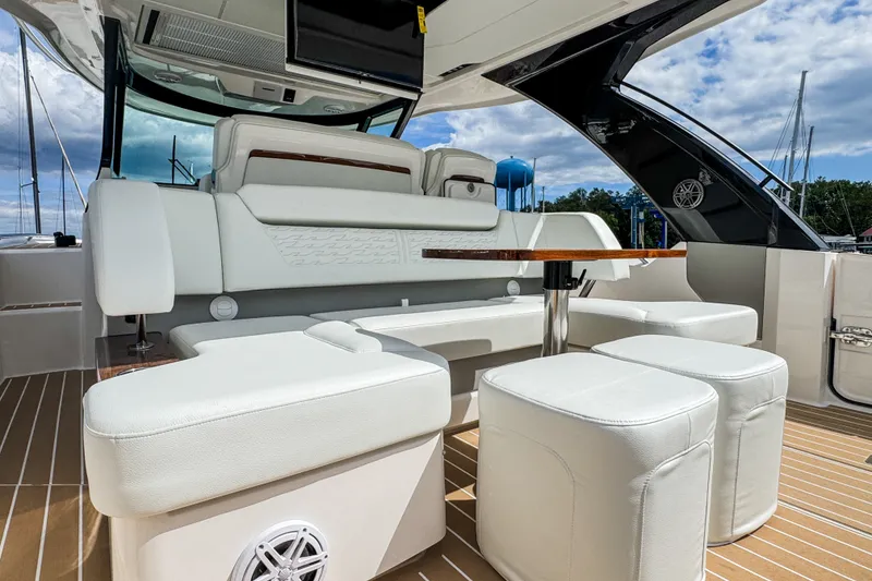 Slide: The Image of Luxurious seating area on 2027 Tiara Yachts 39 LS with elegant white upholstery. - 20