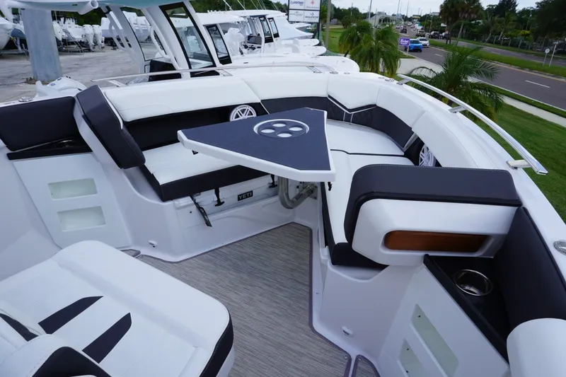 Slide: The Image of Luxurious seating area on the 2027 Monterey Elite 30 OB boat. - 22