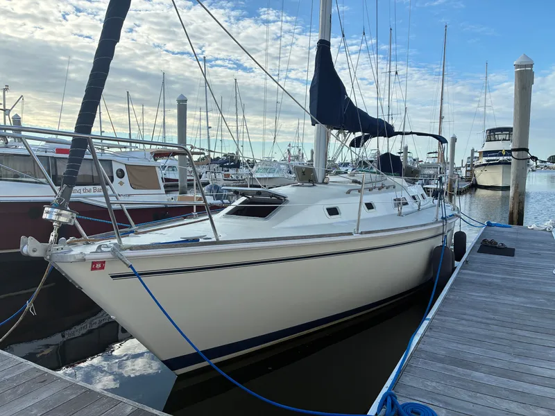 The Image of A 1988 Pearson 33-2 sailboat docked at a marina. The sky is partly cloudy. - 0