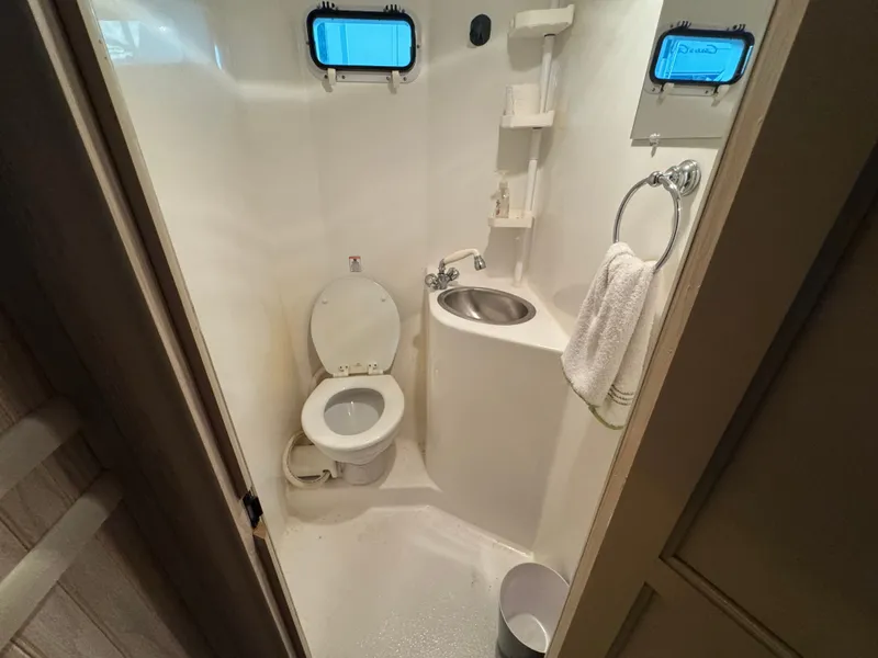 Slide: The Image of L'image montre une salle de bain de bateau avec toilettes, lavabo et porte-serviettes. - 29