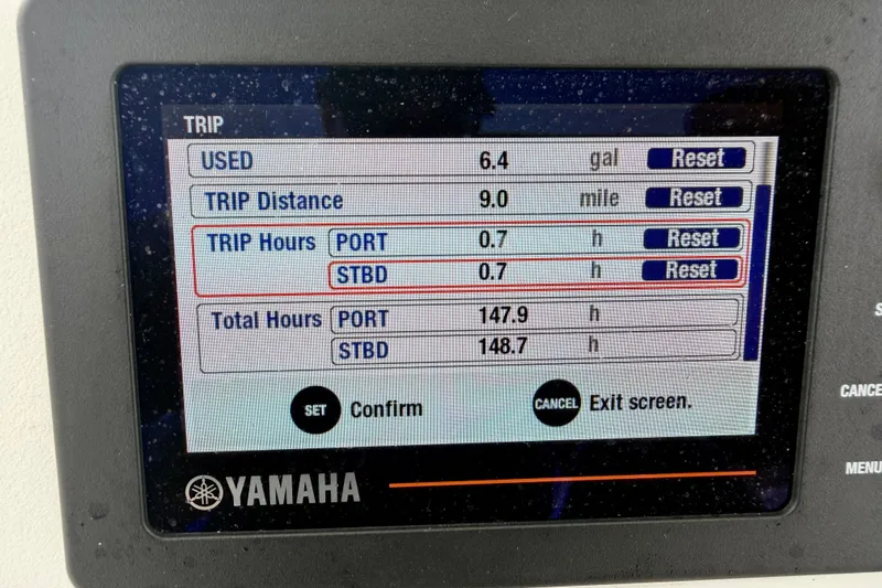 Slide: The Image of Yamaha display showing trip data for 2007 Intrepid 327 Cuddy boat. - 19