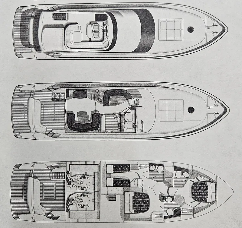 Slide: The Image of Deck plans of the 2006 Viking Princess 61 Flybridge showing three levels: flybridge, main deck, and lower deck. - 28