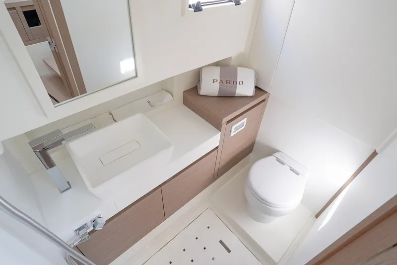 Slide: The Image of Luxurious bathroom interior of 2025 Pardo Yachts P38, featuring modern sink and toilet. - 30
