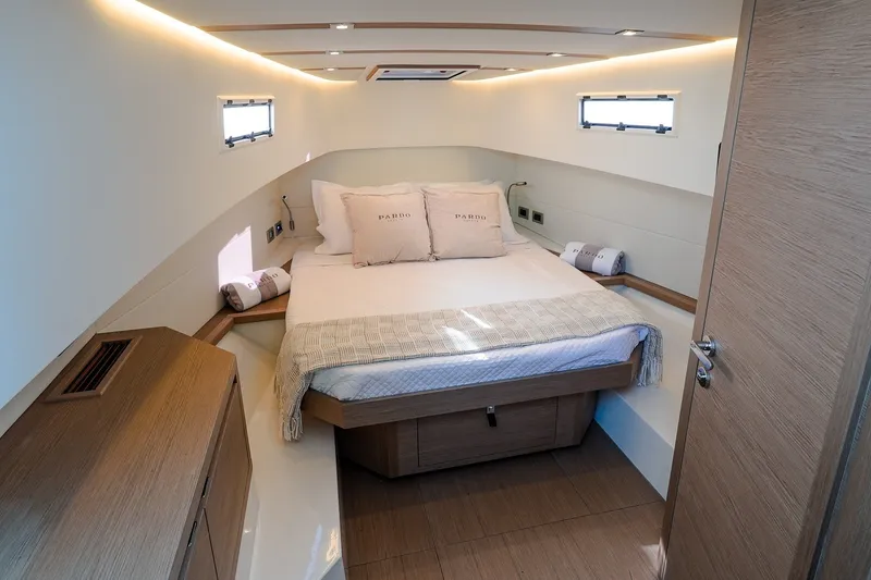 Slide: The Image of Luxurious cabin interior of 2025 Pardo Yachts P38 with cozy bed and modern design. - 27