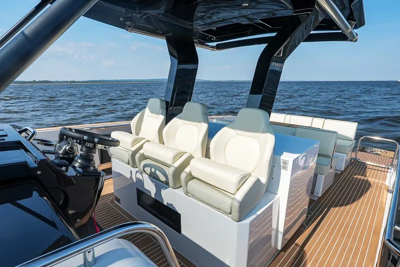 Slide: The Image of Luxury Pardo Yachts P38, 2025 model, featuring sleek helm and seating on open water. - 20