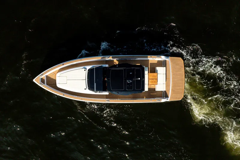 Slide: The Image of Overhead view of 2025 Pardo Yachts P38 cruising on water. - 8